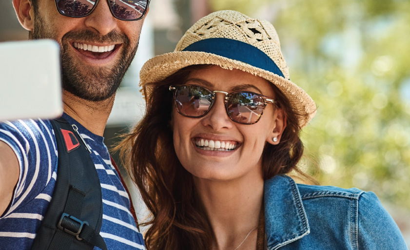 Couple, selfie and travel with portrait and smartphone photography, people and memory for social media smile. 