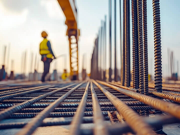 Close up view of construction site with structural steel reinforcement bars and worker in the background