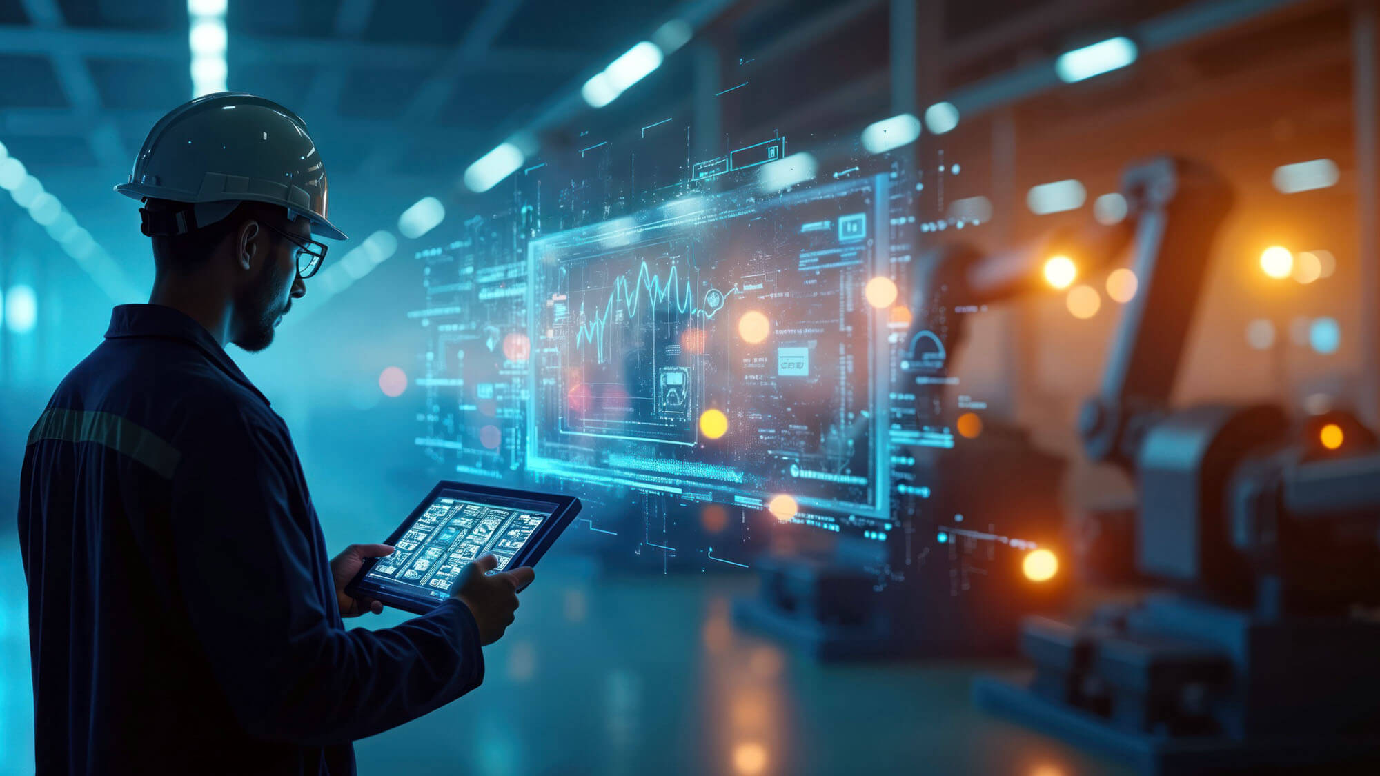 Engineer in hard hat, safety glasses controls industrial production process. Uses tablet to monitor digital data on holographic interface with graphs. 
