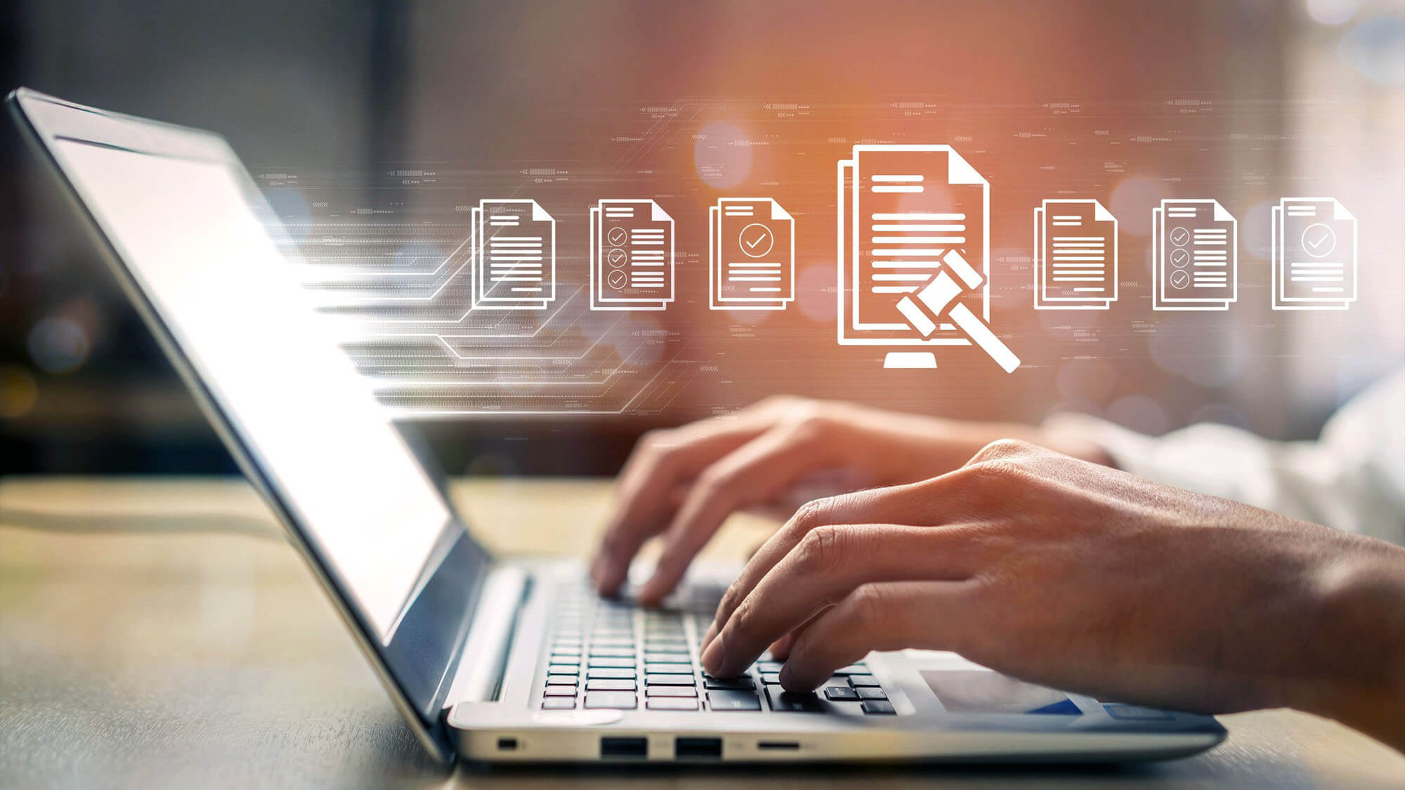 A person typing on a laptop with digital document icons floating above symbolizes modern workflow and document management in an office setting, highlighting productivity and innovation. 